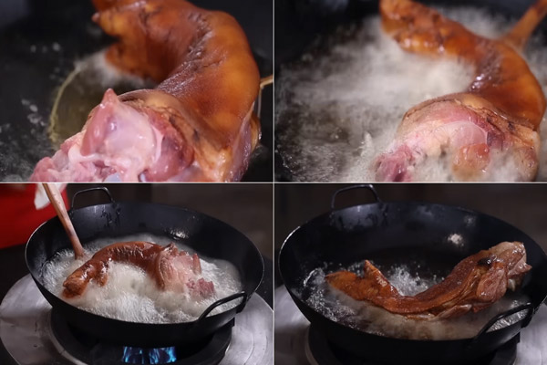 Chiên sơ chân giò để tạo độ dai giòn