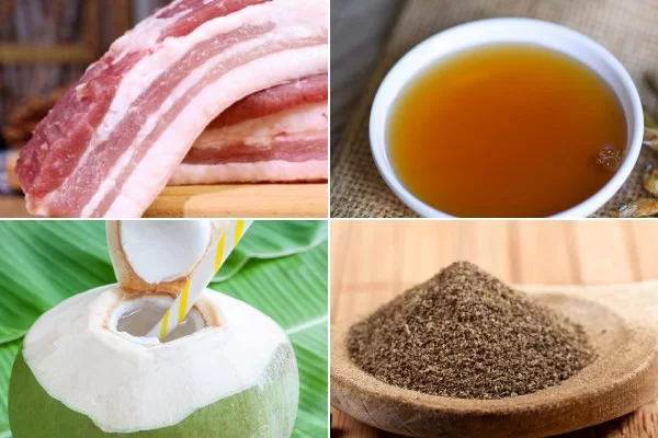 Nguyên liệu để nấu món thịt ba chỉ kho tiêu